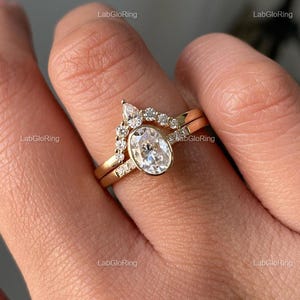 1.20CT Oval Cut Diamond Bezel Ring Set, Oval Ring With Curve Matching Band In 14K Solid Yellow Gold, Stackable Rings, Dainty Ring Set