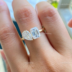 White Emerald And Pear Cut Diamond Two Stone Ring, Custom Order in Silver, Gold with Lab Grown Diamond, Toi et Moi Ring, Wedding for Gift