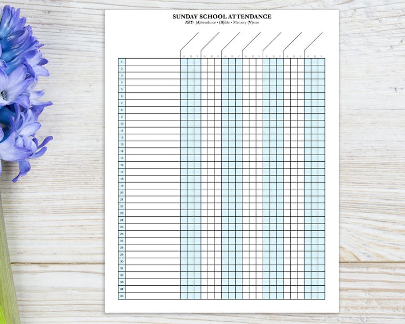 Sunday School Attendance Sheet with Birthday Tracker, printable image 2