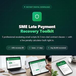 May include: A digital graphic with the text "SME Late Payment Recovery Toolkit" and a shield icon. The graphic highlights features like a 38% recovery lift, saving approximately 21 days, and an average recovery of $8,400. The image also shows the toolkit on a laptop, tablet, and smartphone.