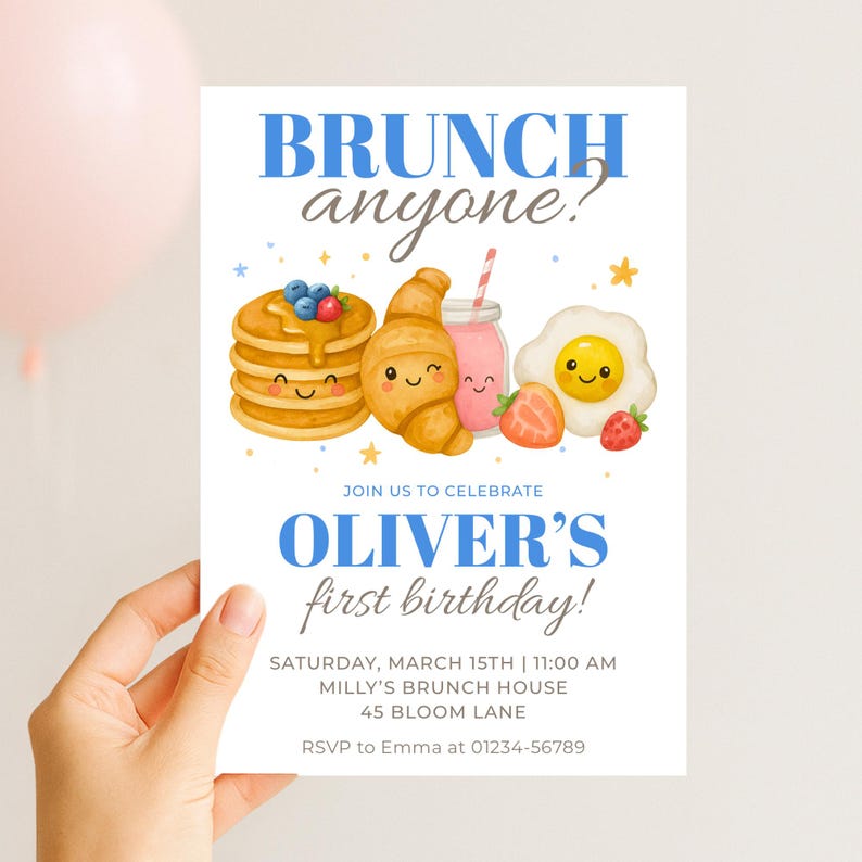 Printable brunch invitation template for kids' birthday celebration.