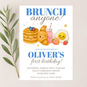 Brunch invitation template with cute breakfast illustrations.