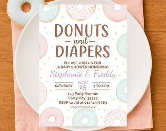 Besprüht mit Liebe Windeln und Donuts Babyparty einladen, bearbeitbare Vorlage für Jungen Mädchen, digital druckbare Einladung