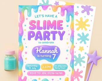 May include: A colorful invitation for a slime party, featuring the text "LET'S HAVE A SLIME PARTY" and details for Hannah's 7th birthday. Includes a small jar of blue slime and a star-shaped wand. The invitation is decorated with dripping slime.