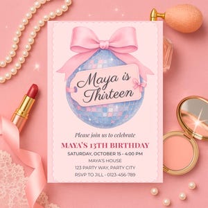 Pink Disco Ball Birthday Invitation, Editable Digital Template, Bow Design for Fun Party Celebrations