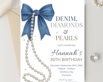 Denim Diamonds and Pearls 30th Birthday Invitation, Editable Digital Template for a Glamorous Party Celebration