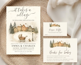 May include: A baby shower invitation set with a winter village illustration. The main invitation reads "it takes a village" and includes event details for Emma & Charles. Matching cards for a diaper raffle and books for baby are also included.