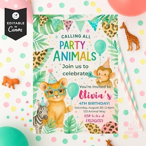 Calling All Party Animals Zoo Birthday Invite, Editable Jungle Safari Theme, Fun Animal Print Invitation