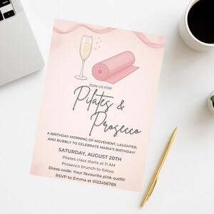 Close-up of the editable text fields on the Pilates birthday invitation template.