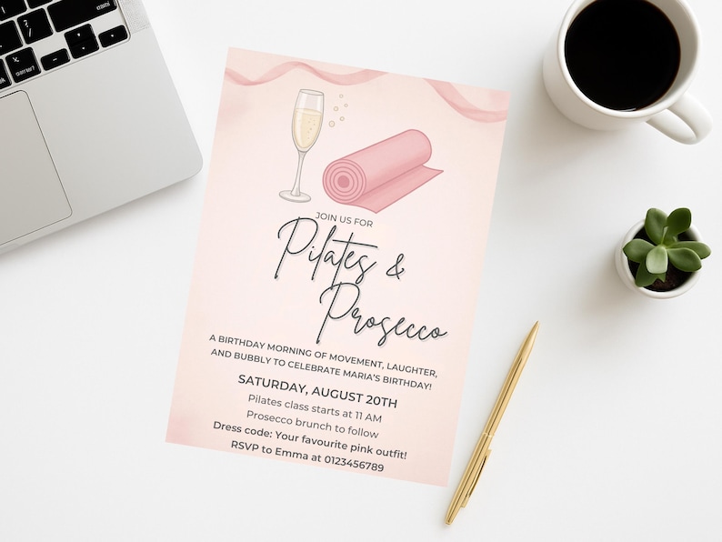 Close-up of the editable text fields on the Pilates birthday invitation template.