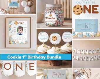May include: A collection of party decorations for a first birthday, featuring a cookie theme. Includes a welcome sign, invitation, banner, cupcake toppers, and a framed photo. The color scheme is blue, brown, and white.