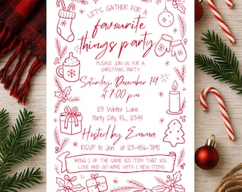 May include: A white Christmas party invitation with red illustrations and text. The invitation includes a stocking, mittens, and a Christmas tree. The party is on Saturday, December 14th, at 7:00 pm.