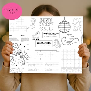 Pink Pony Birthday Placemat: Coloring Activity, Party Favor (PDF Download)