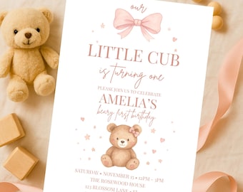 Pink Bow Invitation, Cute Bear Theme, Girl's 1st Birthday Invite, Editable Template, Digital Download