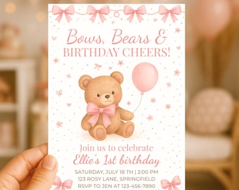 Pink Bow Birthday Invitation, Bear Theme Girl First Birthday Invite, Editable Template for Digital Download