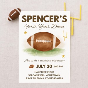 Watercolor Football First Birthday Invitation Template (Digital Download 5x7&quot; PDF, PNG, JPG)