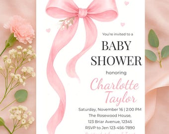 Zaproszenie na baby shower z różową kokardką, edytowalny szablon dla dziewczynki, pobieranie cyfrowe, kwiatowy wzór kokietki