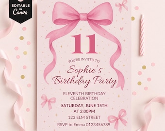 11th Birthday Invite, Editable Pink Bow Invitation for Girls, Tween Party, Digital Download Template