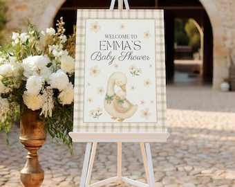 Letrero de bienvenida de ganso, decoración para baby shower, plantilla editable, bonito letrero para fiesta de ganso, celebración divertida.