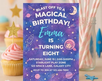 Outer Space Birthday Invitation, Girl's Galaxy Party Invite, Astronaut Theme, Printable Digital Card
