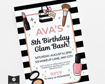 Birthday Invitation for Girls, Makeup Glam Party Invite, Digital Customizable Template, Instant Download, Editable Canva Glitz Spa