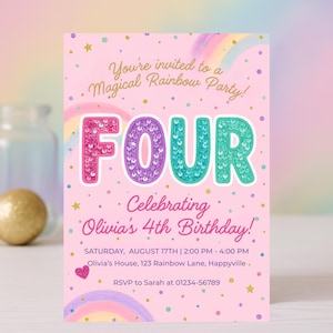 Invitación arcoíris para 4.º cumpleaños: Lentejuelas brillantes, plantilla editable (descarga digital)