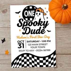 Eine gruselige Dude 1. Geburtstagseinladung, 5x7 bearbeitbare digitale Halloween-Geistvorlage