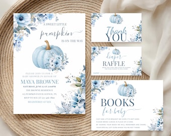 Fall Baby Shower Editable Invitation Bundle, Boy Blue Pumpkin Floral Boho Theme , A Little Pumpkin is on the Way