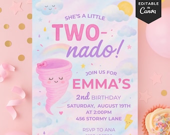 Two Nado Birthday Invite | Editable Digital Download | Cute Tornado Theme | Girls Party | Printable Template