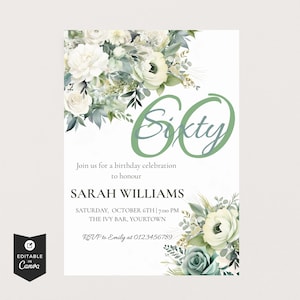 60th Birthday Invitation, Sage Green Digital Invite, Editable Template for Milestone Celebration, Printable