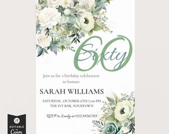 60th Birthday Invitation, Sage Green Digital Invite, Editable Template for Milestone Celebration, Printable