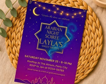 May include: A vibrant invitation for an Arabian Night Soirée, featuring a gradient purple and blue background with gold accents. The text reads "Layla's Sweet Sixteen" with event details. The design includes a crescent moon, stars, and a string of lights.
