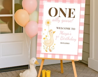 One Silly Goose Welcome Sign Template, Editable Birthday Decor, Girl Goose First Birthday, Printable Design