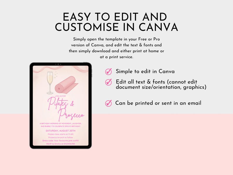 Pink Pilates birthday invitation for a fitness-themed party.