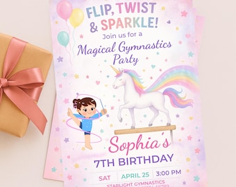 Unicorn Gymnastics Birthday Invite, Digital Printable Girl Invitation, Editable Canva Design 5x7
