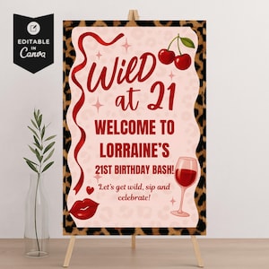 Cherry and Cheetah Birthday Welcome Sign, Editable Digital Download, Girls Night Party Decor, Custom Template
