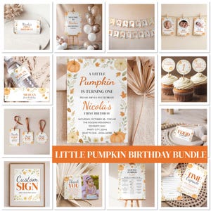 リトルパンプキン1歳の誕生日パーティーセット：編集可能な秋の装飾（Canvaテンプレート）
