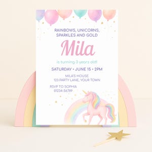 Invito per il terzo compleanno di una bambina, unicorno pastello arcobaleno, modello stampabile Canva 5x7