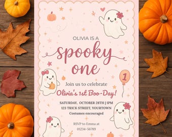 Spooky One 1st Birthday Invitation: Pink Halloween Girl, Editable Template (Digital Download)