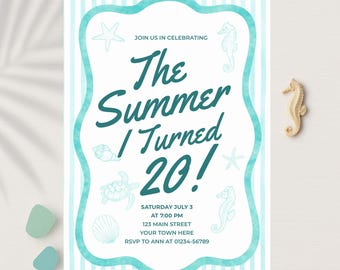 Verjaardagsuitnodiging The Summer I Turned, Coastal Digital Canva-sjabloon 5 x 7, bewerkbaar strandfeest
