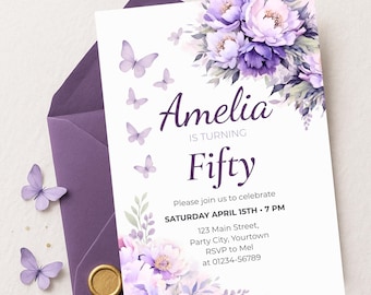 50th Birthday Invitation: Purple Floral Butterfly Design (Digital Download, 5x7")