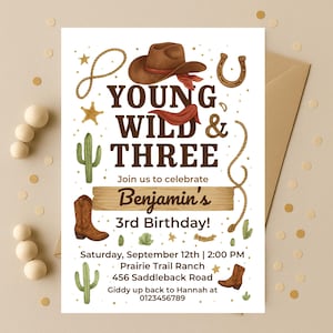 Rodeo Birthday Invitations for Three Year Old Boy Girl, Editable Cowboy Theme Invite, Digital Template Download for Kids&#39; Party