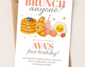 Brunch Anyone Girls First Birthday Invitation, Editable Digital Download, Fun Brunch Party Invite Template, Kids Breakfast Celebration