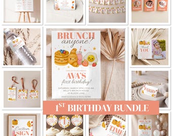 Brunch First Birthday Invitation Bundle, Girls Editable Party Template, Fun Breakfast Celebration Digital Download