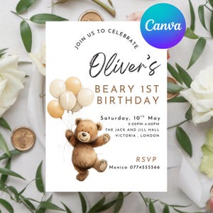 BEARBEITBAR Mein Beary erster Geburtstag einladen, Süßer Bär Einladung, 1. Geburtstagsfeier einladen, Beary Geburtstag Vorlage