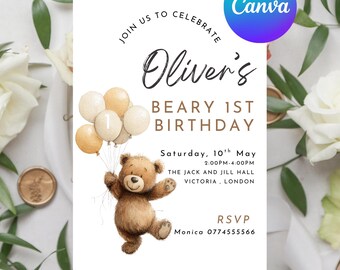 May include: A white invitation card with the text "Oliver's Beary 1st Birthday". It features a watercolour illustration of a teddy bear holding balloons. The card includes event details: date, time, location in London, and RSVP information.