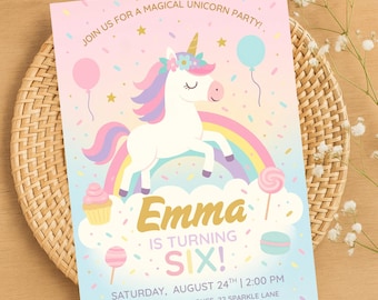 Unicorn Birthday Invitation for Six-Year-Old Girl, Editable Digital Template, Magical Pastel Rainbow Design