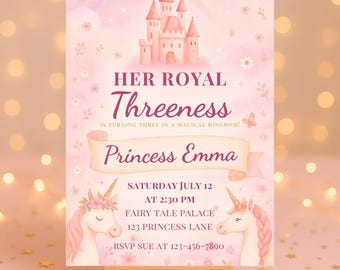 Her Royal Threeness Princess Birthday Invitation, Editable Digital Download, 3rd Birthday Party Invite