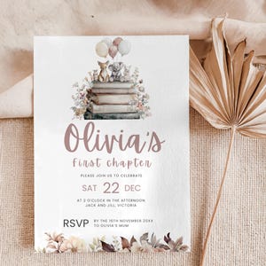 EDITABLE First Chapter Birthday Invitation, Customisable Storybook Invite, Floral 1st Birthday Party Template Download