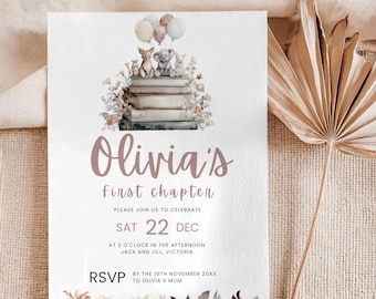 EDITABLE First Chapter Birthday Invitation, Customisable Storybook Invite, Floral 1st Birthday Party Template Download